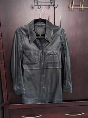 Muubaa Long Line Lamb Skin Shirt Jacket Dark navy US4